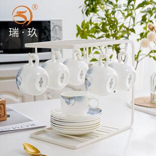 6套骨瓷咖啡杯碟套装家用陶瓷咖啡具成套茶杯喝咖啡套具送架送勺