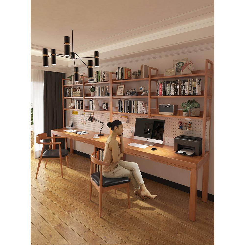 实木书桌书架一体靠墙卧室学习书柜组合整墙双人长条工作台电脑桌,住宅家具,电脑桌,淘宝优惠券,粉丝福利购,淘宝优惠卷