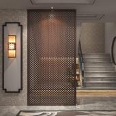 新中式 屏风隔断客厅实木定制入户玄关鱼鳞纹镂空格栅进门遮挡座屏