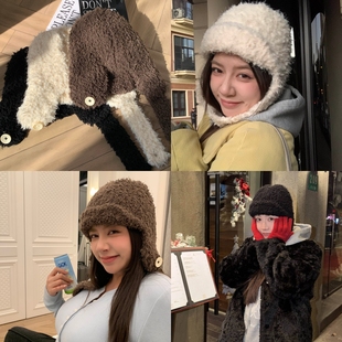 PAPANI趴趴妮 冬天小脸神器纽扣毛绒雷锋帽飞行帽防寒大头围