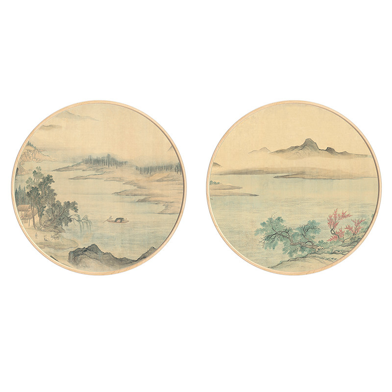 实木圆形水墨山水花鸟国画新中式玄关装饰画客厅背景挂画餐厅壁画