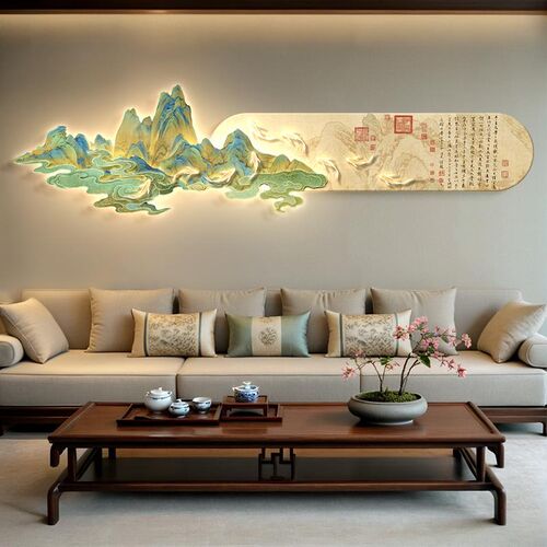 千里江山客厅挂画九鱼图新中式沙发背景墙装饰画大气山水画壁画灯