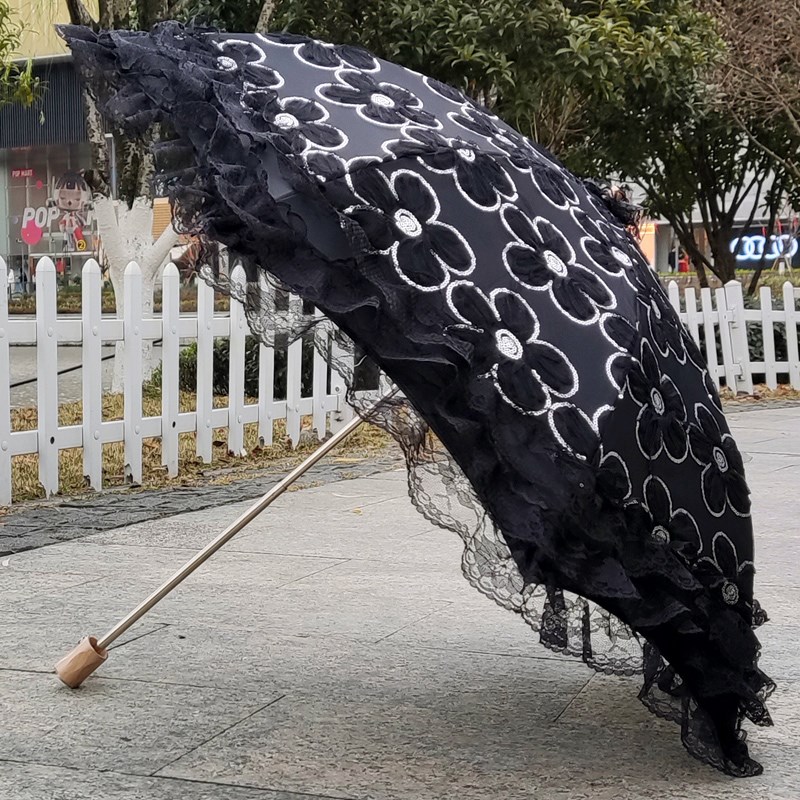 太阳伞高档黑色蕾丝亮片花边防晒防紫外线黑胶晴雨两用女神洋伞