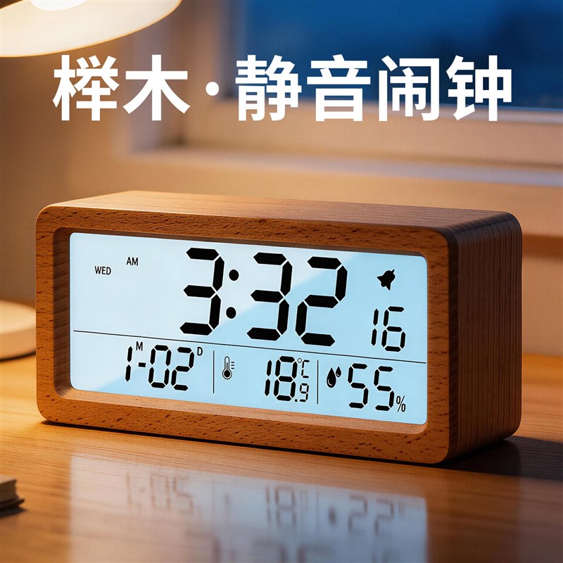 实木质闹钟智能初中学生起床数字床头夜光静音桌面电子时钟表台式