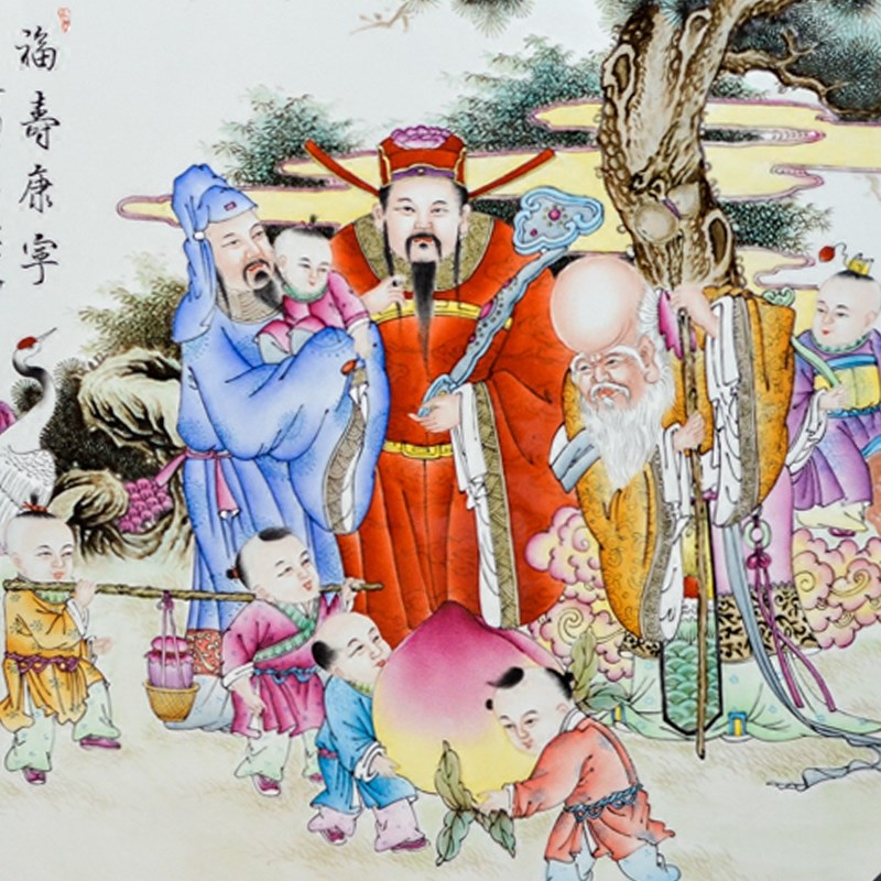 景德镇陶瓷手绘粉彩人物童子瓷板画 牡丹 挂画乔迁客厅玄关装饰画