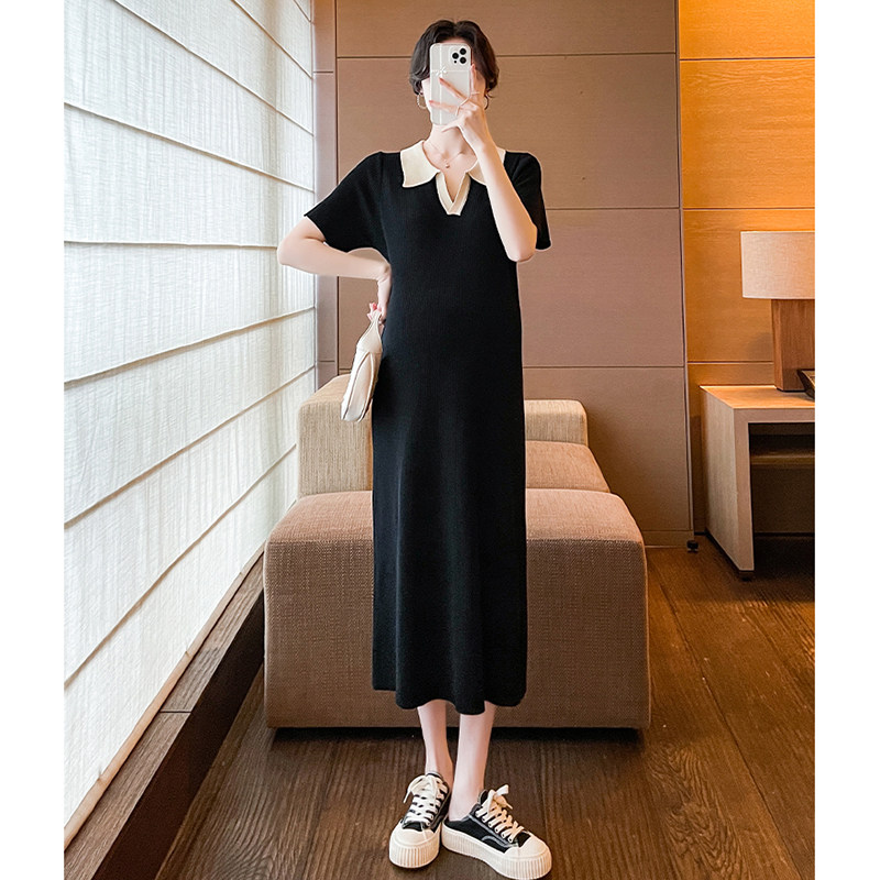 孕妇连衣裙夏短袖薄款POLO领冰丝针织长款时尚辣妈2023新款长裙女图片