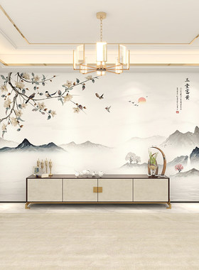 3d现代简约花鸟山水电视背景墙壁纸新中式客厅墙纸背景墙装饰墙布