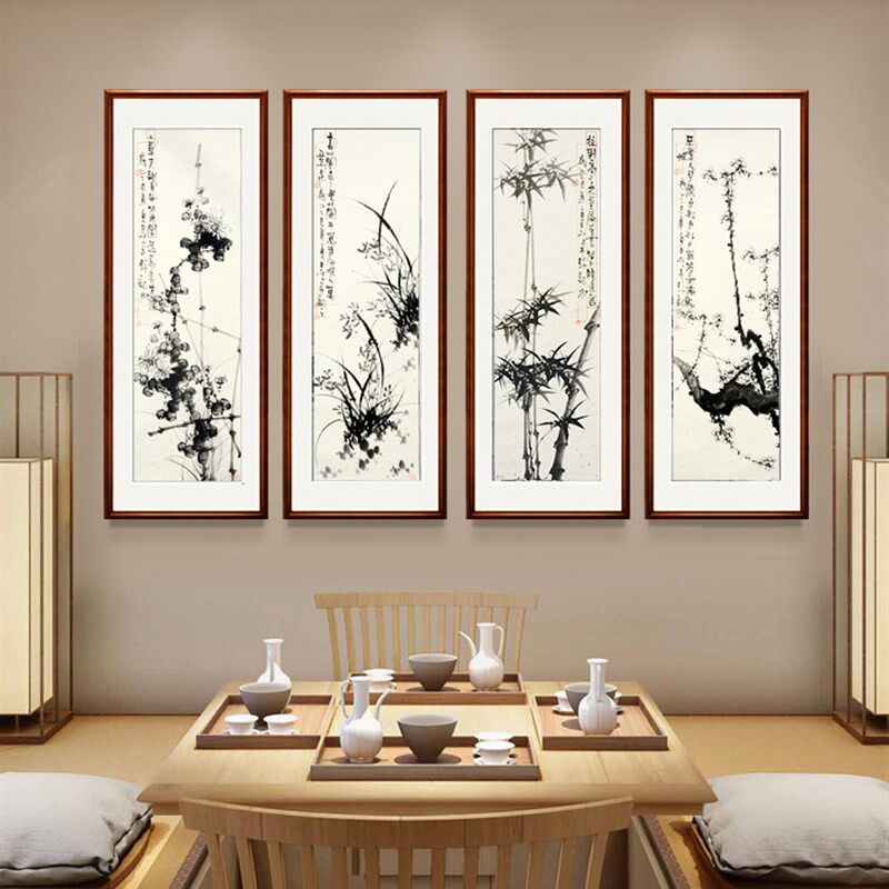 中式客厅花鸟挂画水墨梅兰竹菊四条屏 实木框国画四联屏背景墙装