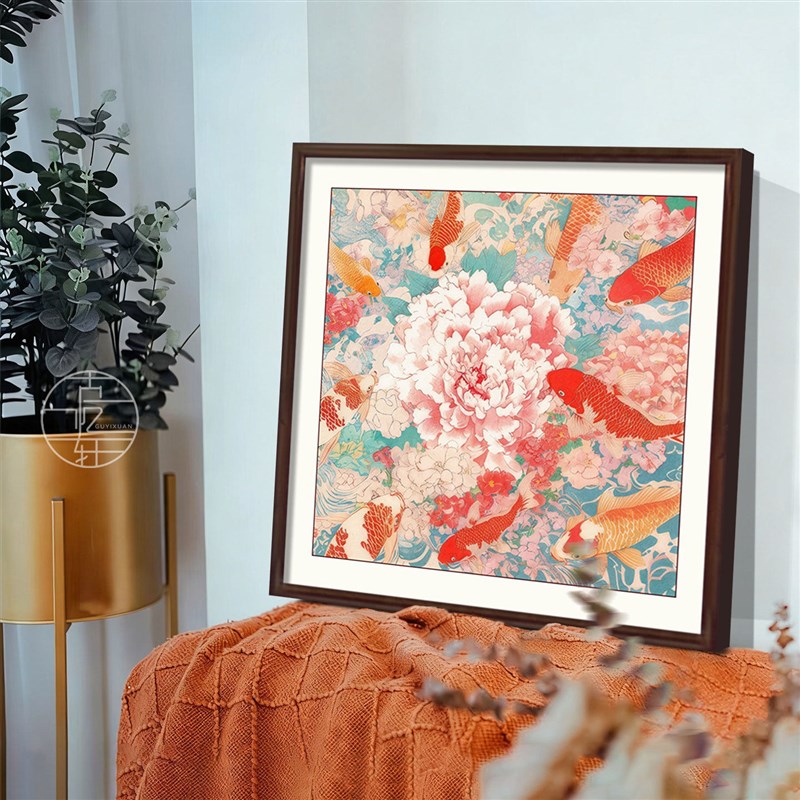 中式玄关墙上装饰画莲花鲤鱼图餐厅艺术挂画九如图九鱼图客厅壁画