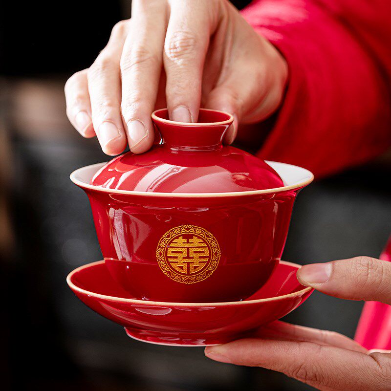 结婚礼物改口敬茶杯红色喜碗筷子茶壶碗筷套装婚庆陪嫁子孙碗礼品