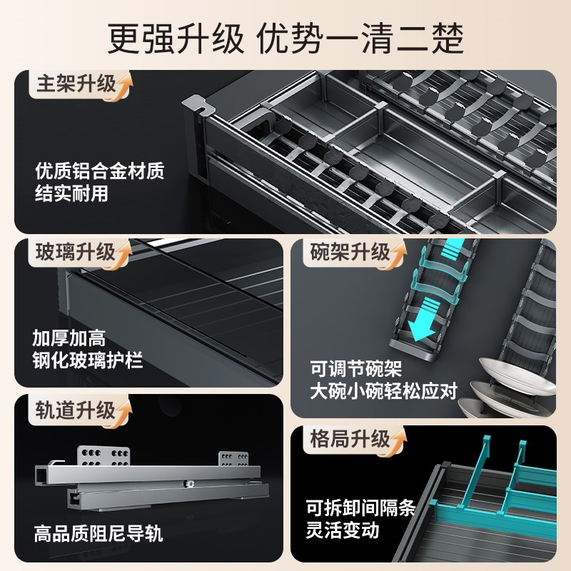 整体橱柜拉篮抽屉式铝合金三层抽拉碗篮厨房内置锅具调料收纳碗碟