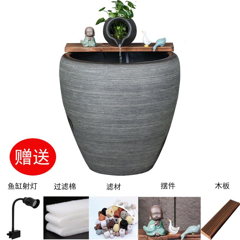 加高陶瓷大缸古法养鱼缸客厅阳台金鱼缸陶罐循环流水造景老式水缸