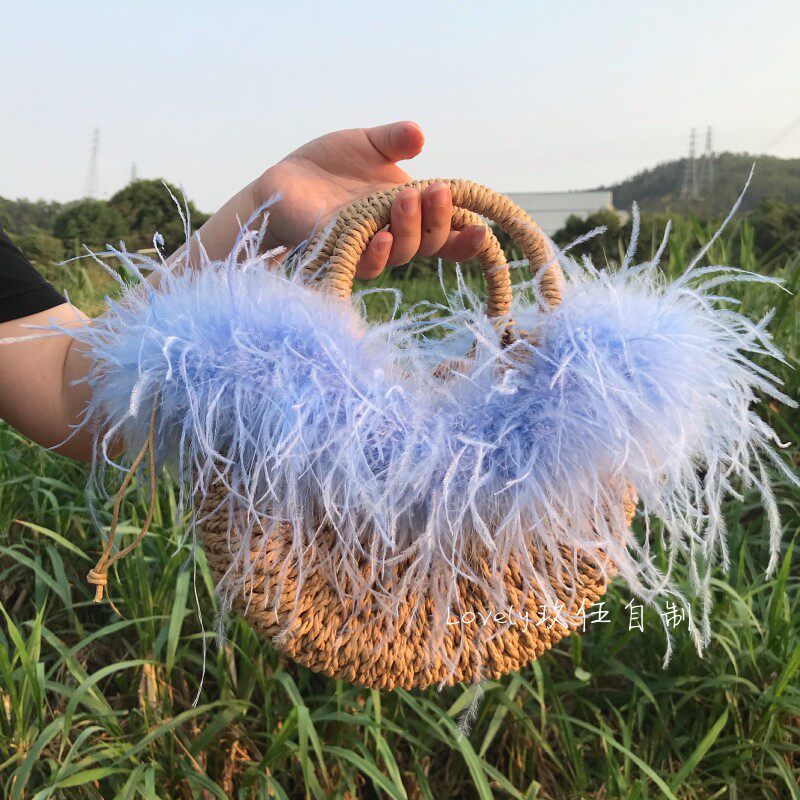 草编包泰国鸵鸟羽毛藤编包斜挎编织包手提包单肩可爱度假沙滩包