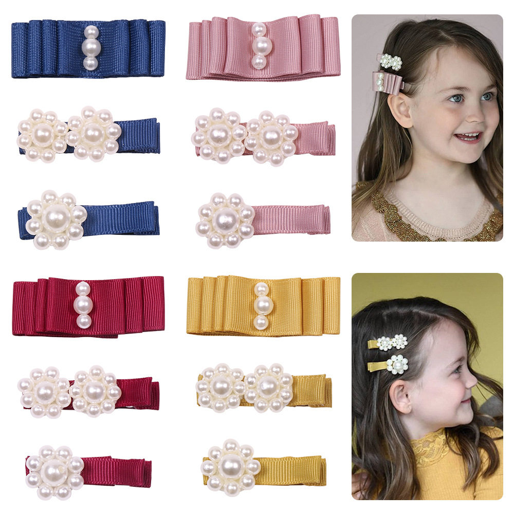 女童珍珠蝴蝶结发夹 手工螺纹织带刘海边夹 宝宝全包布艺珍珠头饰