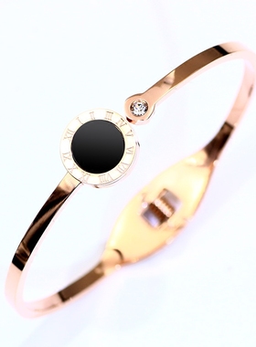 韩版时尚数字手镯开口个t性黑色钛钢不掉色极简风玫瑰金手链