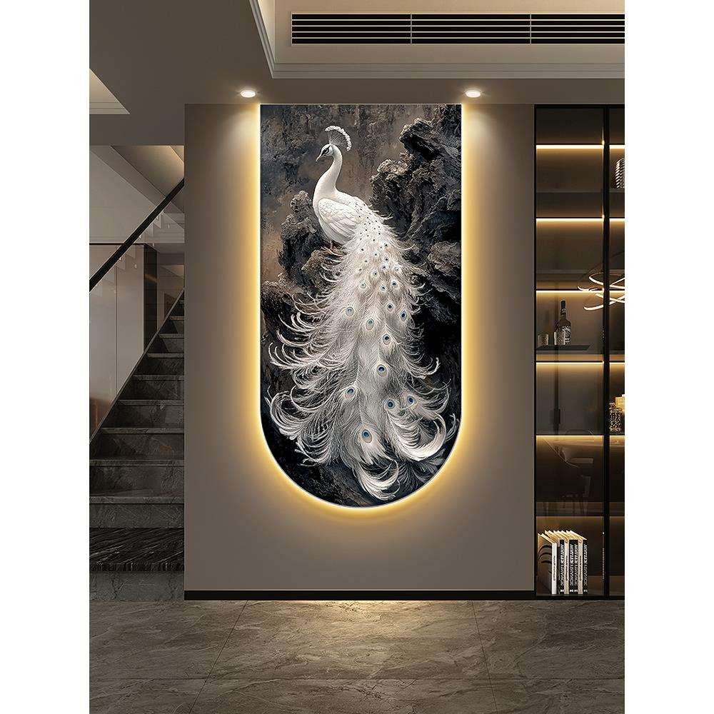 孔雀呈祥玄关装饰画立体浮雕入户带灯壁画感楼梯走廊过道挂画