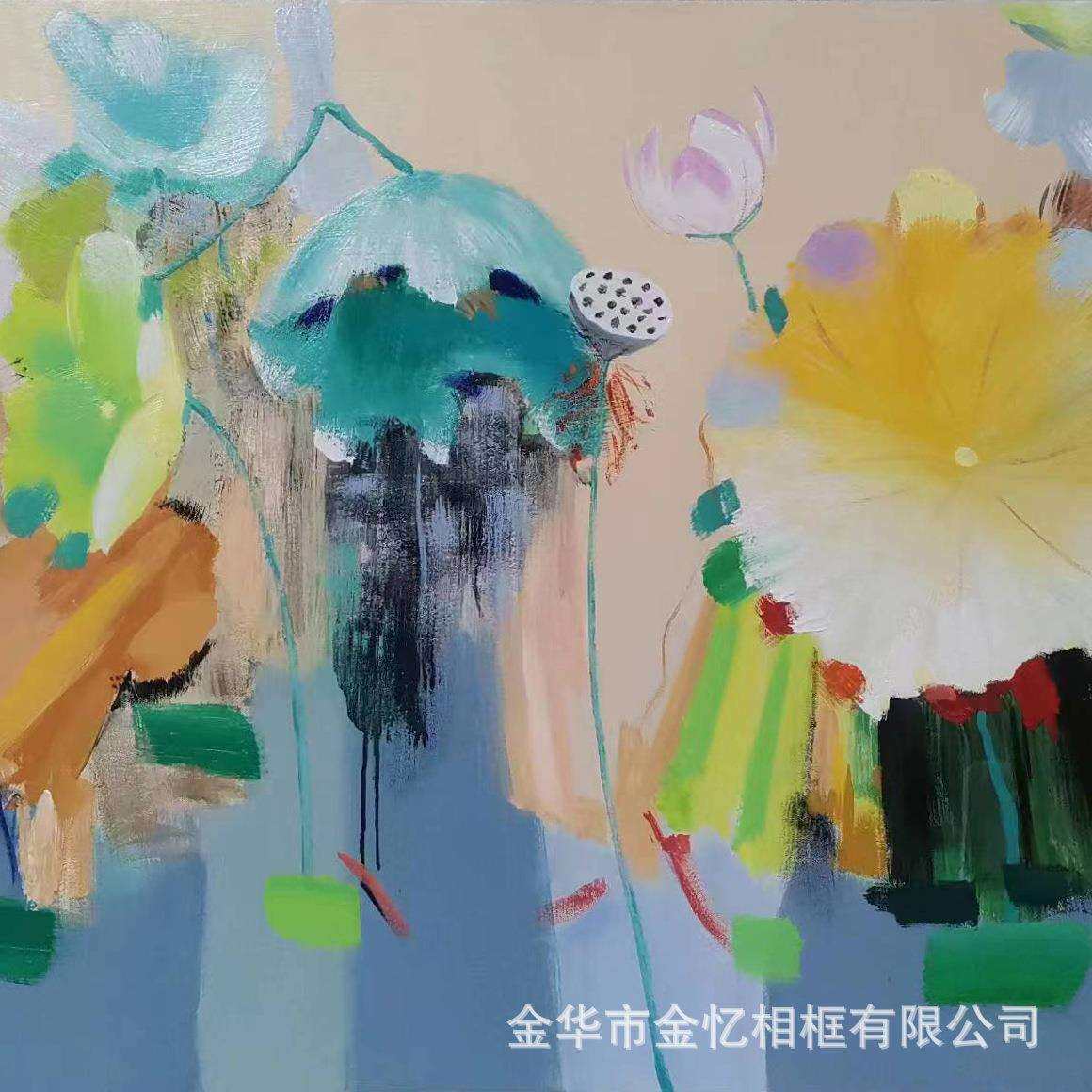 纯手绘新中式禅意装饰画客厅横幅大尺寸油画荷叶荷花抽象挂画