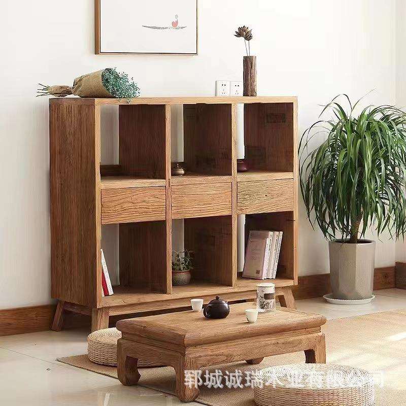 老榆木书架书柜落地储物柜客厅茶杯壶瓷器展示架实木多宝阁博古架