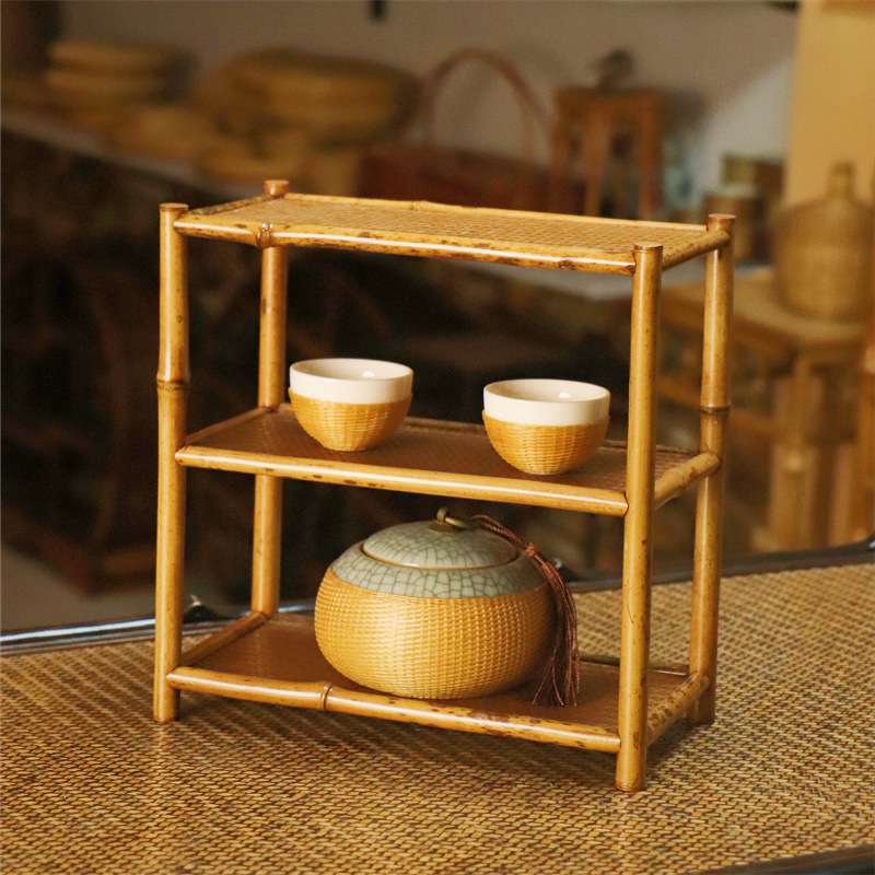 梅鹿竹博古架置物架桌面茶具收纳竹编杯架双层茶壶复古竹制席面架