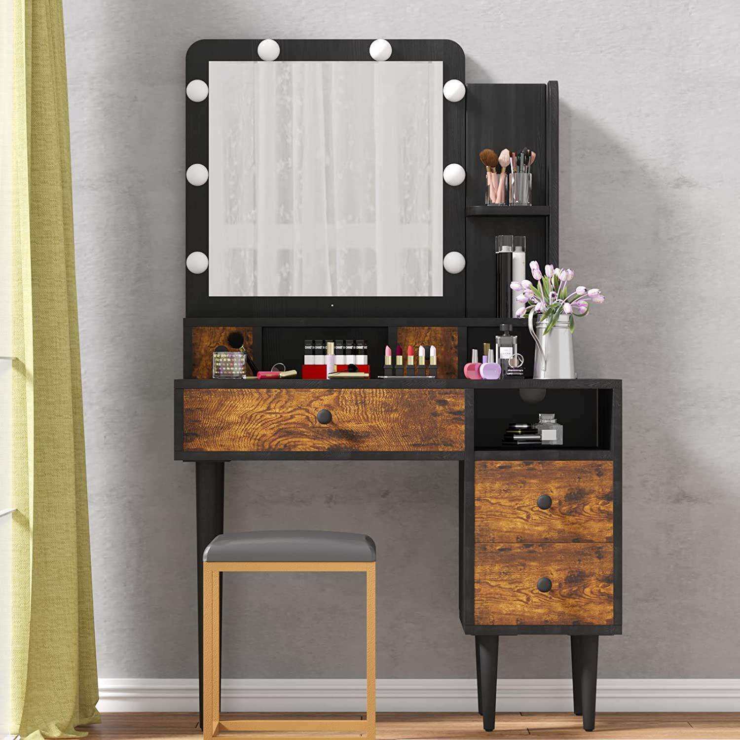 简约中式LED灯梳妆台古典小户型化妆桌清晰镜面梳妆台