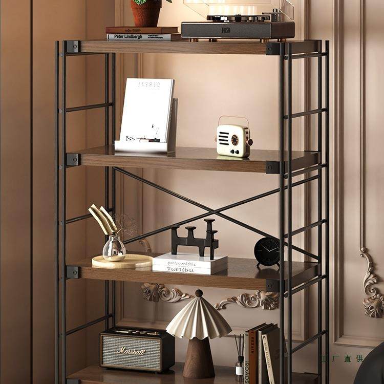 日式钢木置物架落地多层中古收纳架阳台储物架家用书架厨房置物架