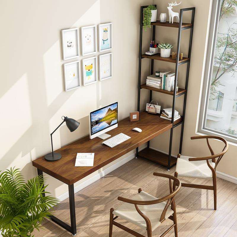 美式实木书桌家用写字桌卧室长条桌角落带书柜电脑桌书架一体组合