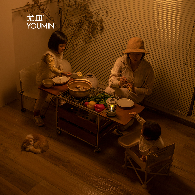 尤皿/烟火茶几/实木客厅小桌y子复古色露营茶桌围炉煮茶移动茶水