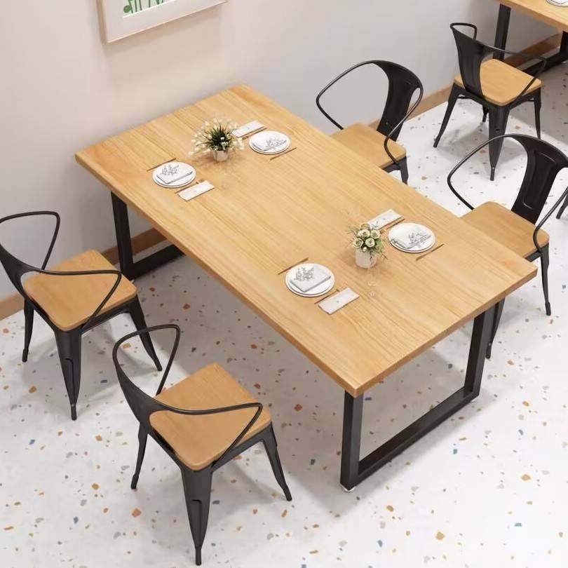 现代简约铁艺实木餐桌椅组合长方形桌子原木快餐桌组合一桌四椅早