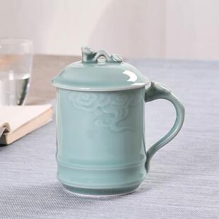 客用茶杯青瓷大号办公陶瓷会议水杯子招待泡茶单个祥云家用带盖杯