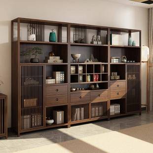 新中式乌金木实木家具组合书柜博古架现代简约收纳柜储物橱隔断柜