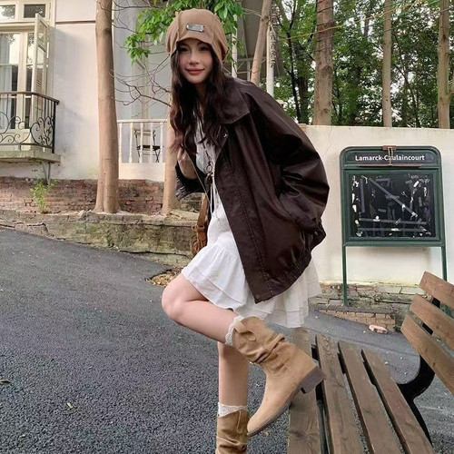 女鞋百搭堆堆靴女2026新款秋季V口显瘦中筒靴子褶皱堆堆马丁靴
