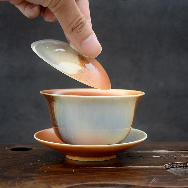 陶瓷功夫茶具柴烧窑变三才盖碗单个家用轻奢复古盖碗茶杯敬茶碗杯