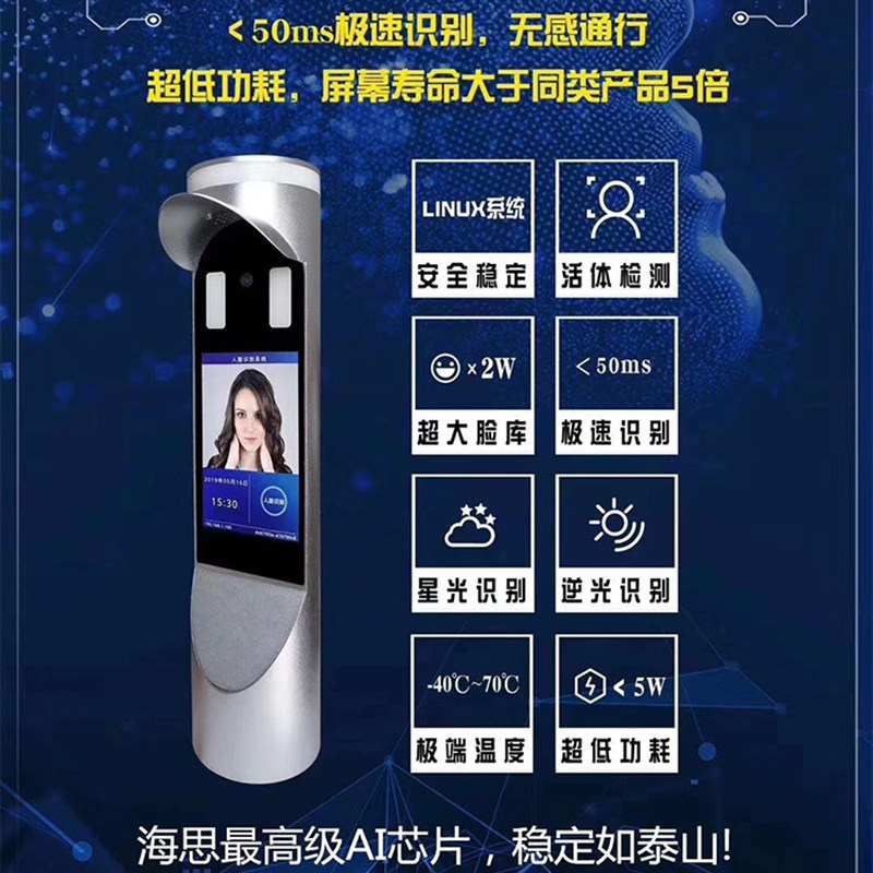 测温人脸 动态人脸识别一体机人三辊闸 翼闸 三角灯带立柱