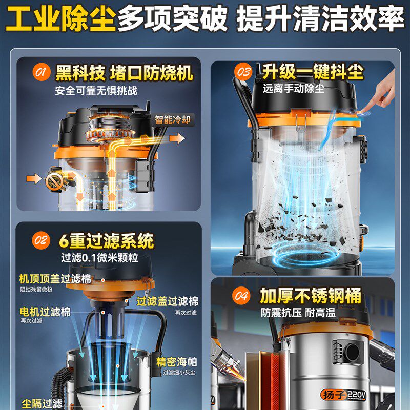 扬子大功率强力吸尘器工业用工厂车间粉尘大型商超用大吸力吸尘机