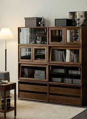 黑胡客桃模块组合柜多功能家用50408实木柜书矮柜厅收纳木柜落地