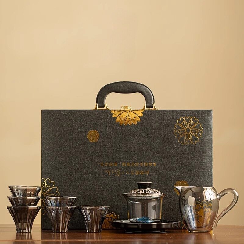 商泥玻璃盖碗茶杯功夫茶具套装家用高档轻奢鎏银三才盖碗礼盒装