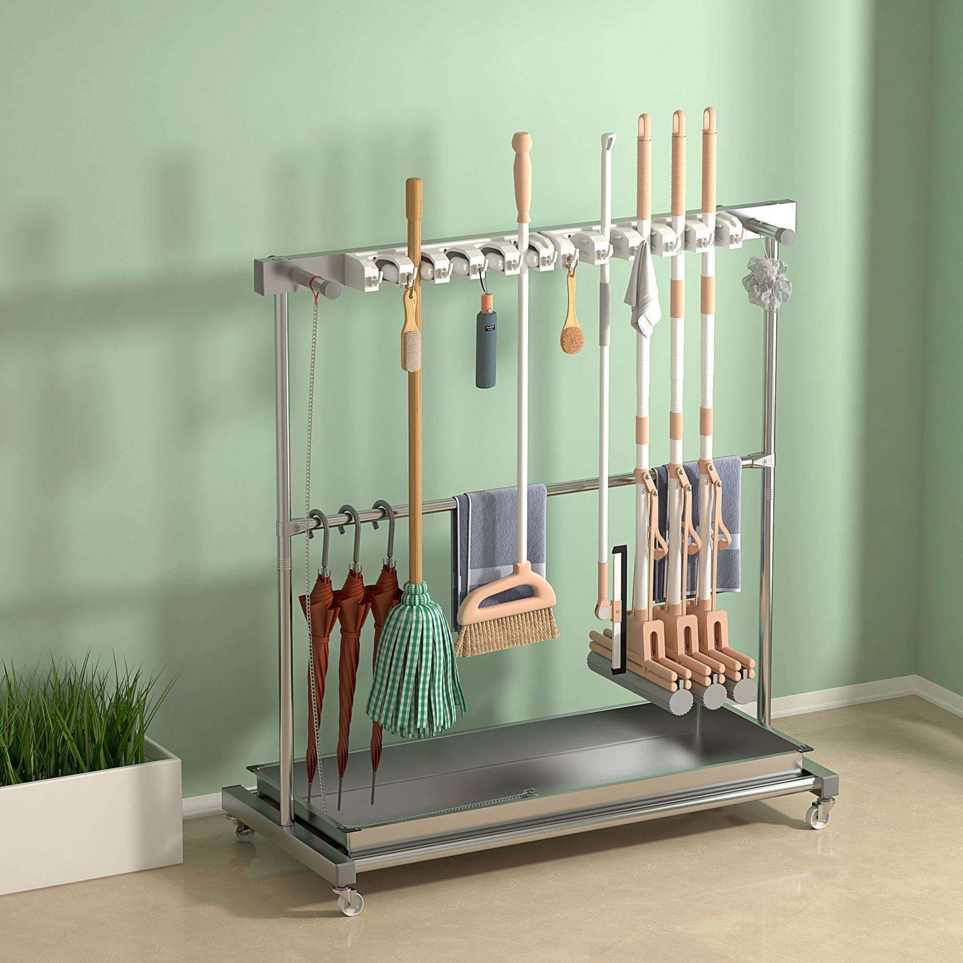 跨境不锈钢接水盘拖把架落地式可移动清洁工具置物架雨伞收纳架