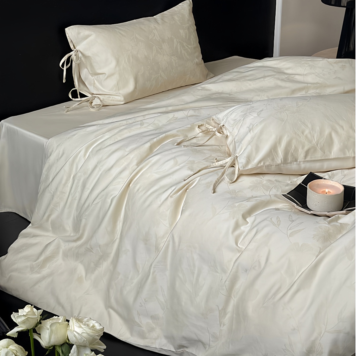 轻奢公主风花卉提花长绒棉白粉简约四件套全棉女生绑带式枕套