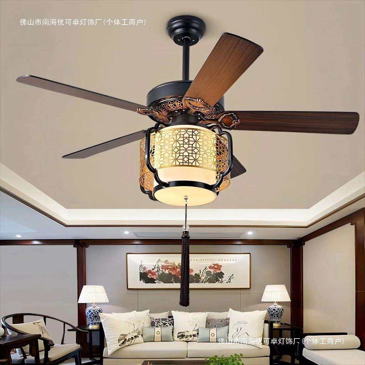 新中式风扇灯新中式客厅餐厅卧室木叶仿古吊扇复古风大风力