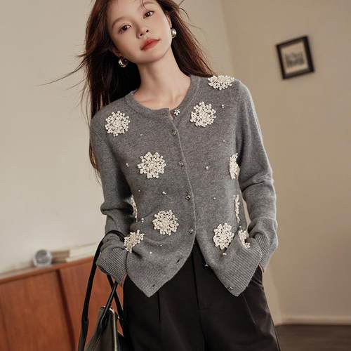 秋冬新款七针双股加厚100纯山羊绒针织开衫女士圆领撞色雪花外套