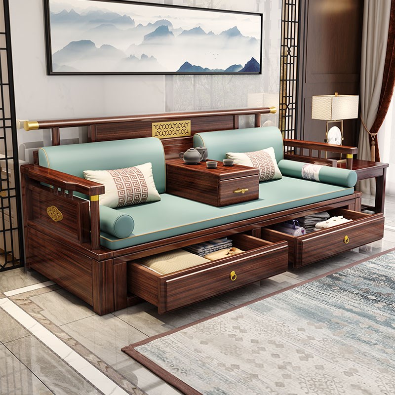 新中式罗汉床乌金木实木多功能推拉E折叠式二合一睡榻小户型沙发