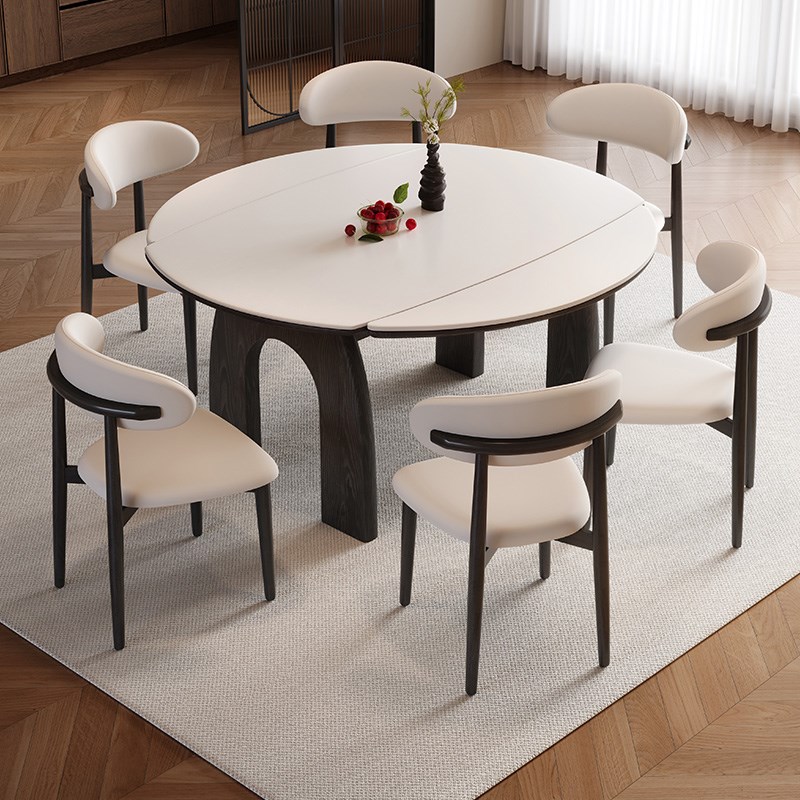 黑色复古风可伸缩l实木餐桌椅现代简约小户型折叠两用法式岩板圆