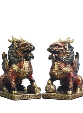 威弗列德全铜麒麟摆件公母一对麒B麟踩八卦客厅入户玄关办公工艺