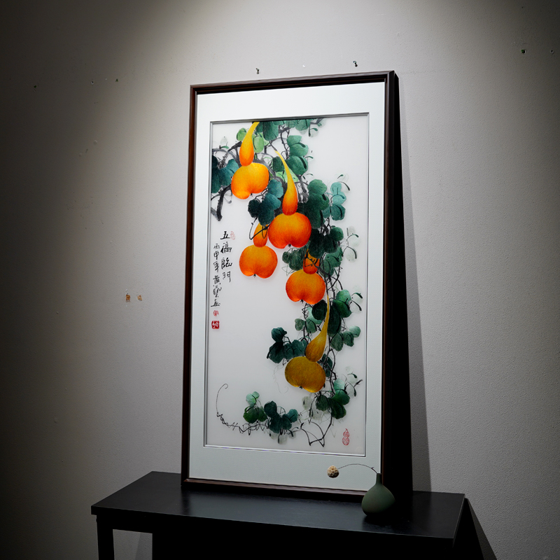 新中式五福临门h福禄滚滚寓意画玄关走廊挂画纯手工刺绣苏绣装饰