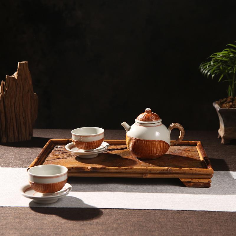 竹丝扣瓷四川非遗手工中式竹编茶具溶月壶小套组冰台色