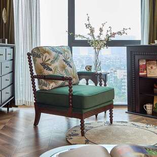 法式复古酋长椅实木布艺单人沙发客厅阳台扶手休闲椅美式懒人躺椅