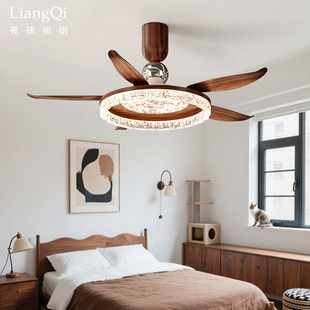 现代简约风扇灯客厅卧室餐厅吊扇灯木质叶轮LED灯罩家用电扇吊灯
