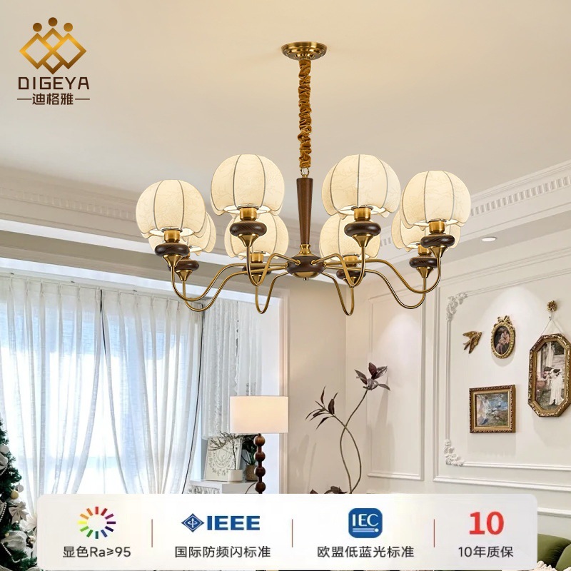 法式中古客厅吊灯布艺花纹卧室灯美式复古餐厅灯南洋风胡桃木灯