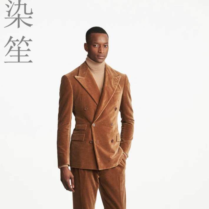 姜黄色高密天鹅绒桑蚕丝真丝丝绒套装西服意式风格双排翻领男西装