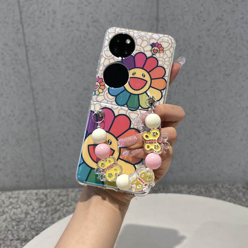 原装正品日本潮牌蓝光油画太阳花朵链条腕带适用华为Pocket2手机壳折叠屏P50宝盒Pocket S艺术定制版透明硅胶